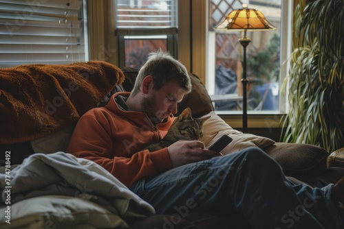 Man and his cat cozy up with a book on a comfy couch by the window at home © Minerva Studio