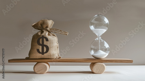 A balance scale with a money bag on one side and an hourglass on the other.