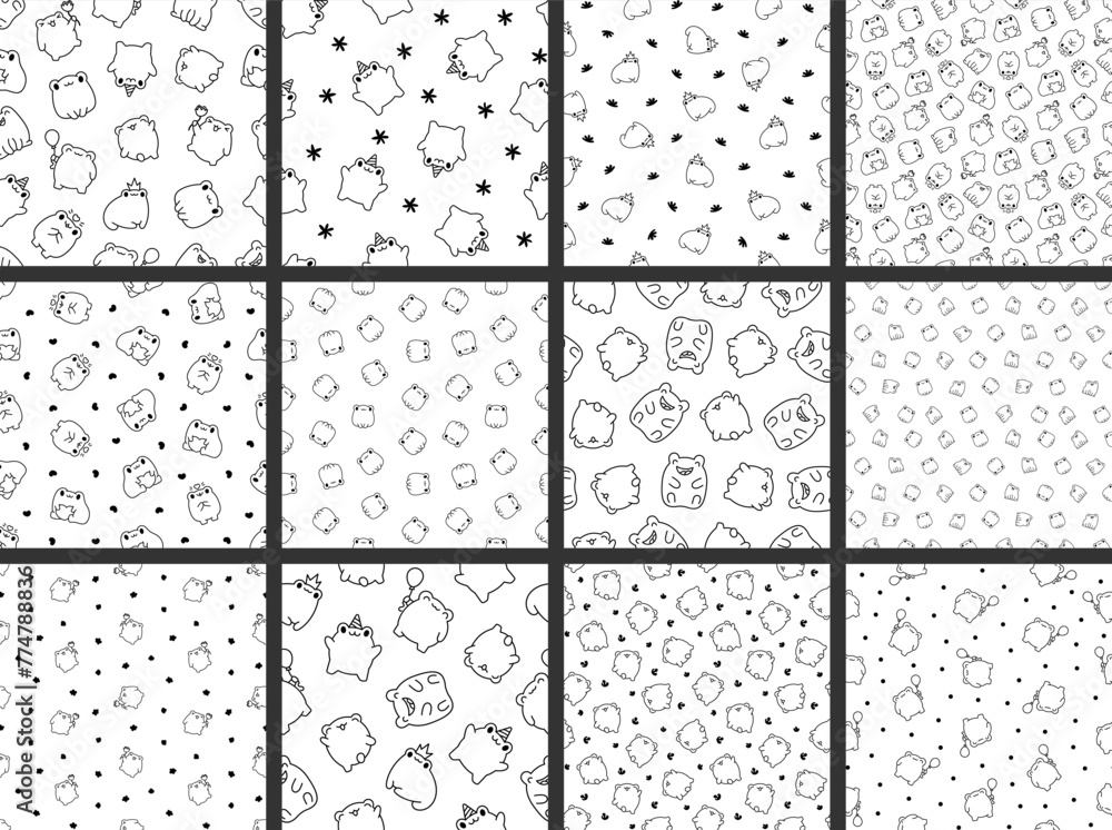 Kawaii frog cartoon character. Seamless pattern. Coloring Page. Cute reptile animal. Hand drawn style. Vector drawing. Collection of design ornaments.