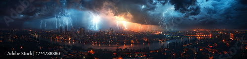 landscape panorama with thunderstorms and thunderbolts lightning flashes in dark dramatic night sky over city with skyscrapers
