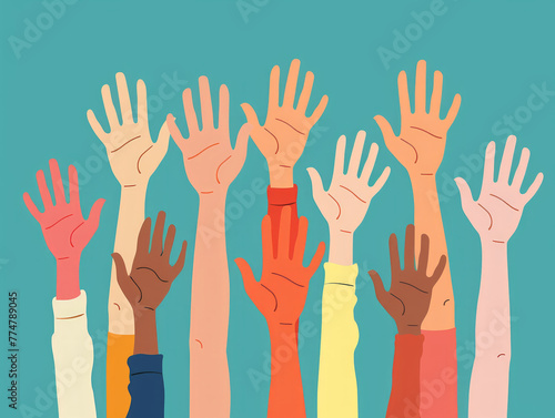 concetto di sostegno alla comunità, persone che lavorano insieme , senso di comunione e amicizia, giornata mondiale della solidarietà, mani che si alzano photo