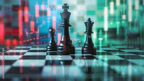  A strategic duel on a chessboard, with the drama of stock market graphs providing a compelling background narrative