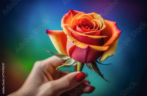 close-up of a multi-colored rose bud. flower selection. modern technologies