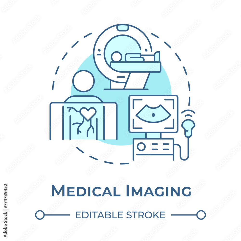Medical imaging soft blue concept icon. Non invasive procedures. MRI scanner. Healthcare services. Round shape line illustration. Abstract idea. Graphic design. Easy to use in presentation Medical imaging soft blue concept icon. Non invasive procedures. MRI scanner. Healthcare services. Round shape line illustration. Abstract idea. Graphic design. Easy to use in presentation