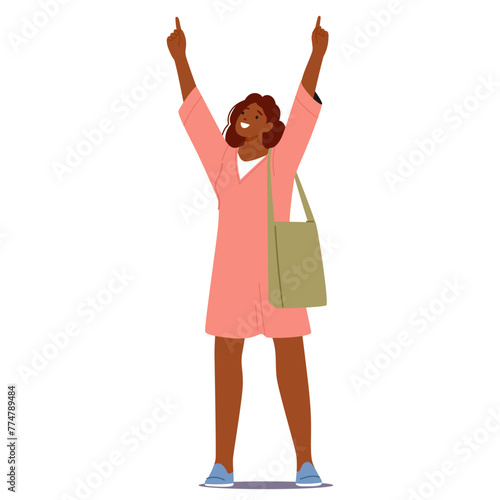 Black Woman Gazes Upward, Both Hands Raised, Pointing Eagerly With Her Fingers With A Sense Of Purpose And Curiosity