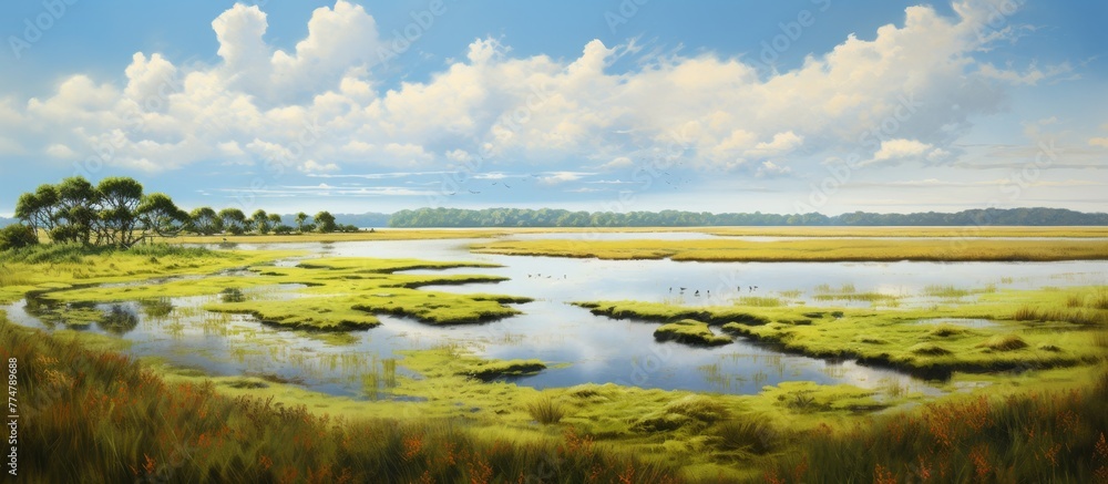 A peaceful artwork depicting a serene marshy area with a river winding among green trees and vegetation
