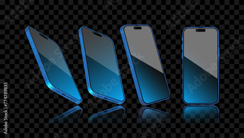 Blue Smartphone with Glowing Light Screen and Background in Different Angles: Front View and Side Perspective. Dark Glowing Illustrations on Transparent Background. Modern Cellphone Vector