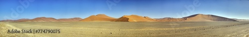 Panoramic picture of the red dunes of the Namib Desert in Namibia against a blue sky in the evening light