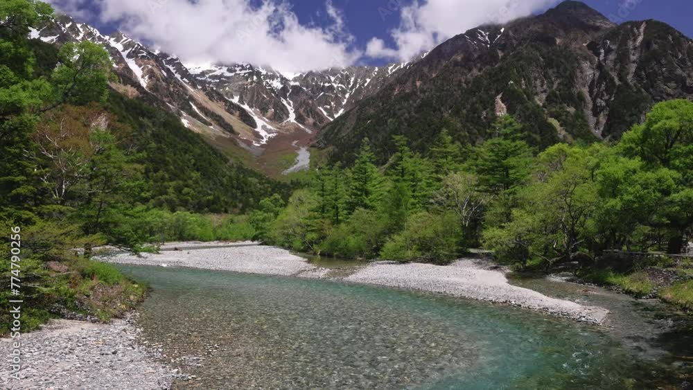 Clear river flowing through forest from snowcapped mountains in the distance Clear river flowing through forest from snowcapped mountains in the distance