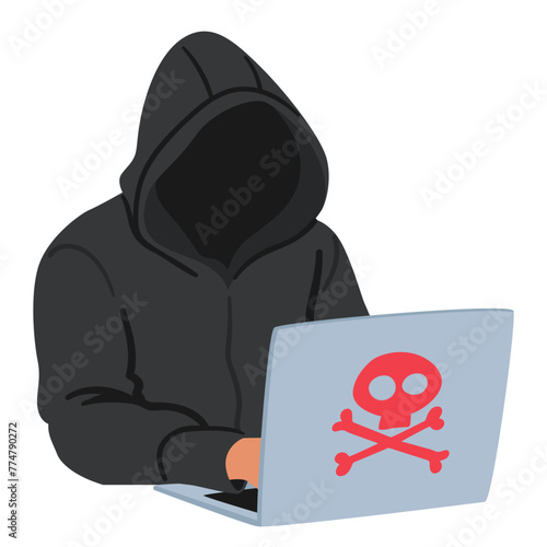 Shadowy Hacker Figure, Cloaked In A Hood, Types Intently On A Laptop With A Skull Sign, Symbolizing Danger Or Hacking