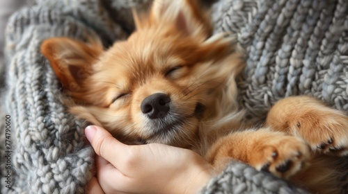 A small dog laying on a person's lap with its eyes closed, AI