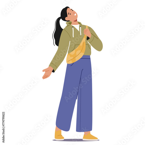 Curious Female Character Looking Upward. Woman Gaze Skyward, Eyes Wide With Wonder, Neck Craned, Searching For Something