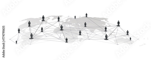 Black and White Networks, Business or Social Media Connections Concept Design with World Map and Polygonal Mesh on Isolated White Background - Grey Business Men Figures Connected with Polygonal Mesh