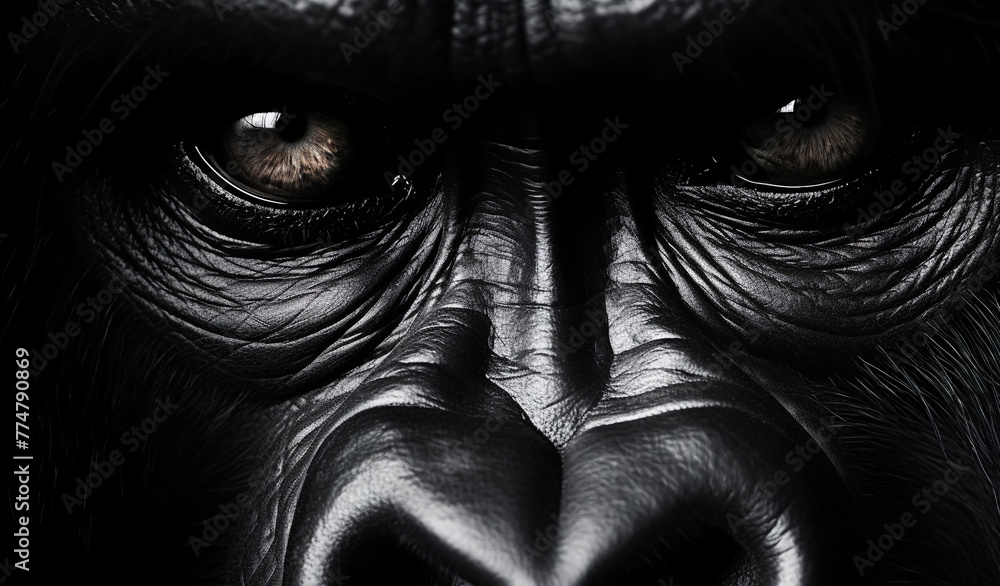 Gorilla face, mammal eyes, close-up view