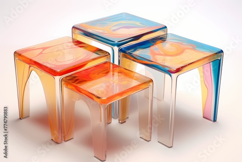 A set of transparent, acrylic nesting tables in graduated sizes, showcasing vibrant, abstract designs, isolated on white solid background