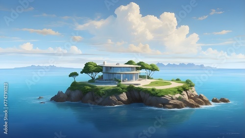 The Dream House picture transports the observer to a serene island in the middle of a huge ocean. The main attraction is a lovely house on an island encircled by vibrant flowers and lush vegetation. T photo
