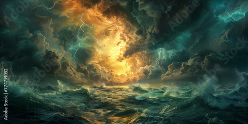 Explore the dynamic forces of nature in digital illustration  revealing tumultuous ocean waves surging beneath a stormy sky  where lightning strikes pierce through the intense energy of thunderclouds.
