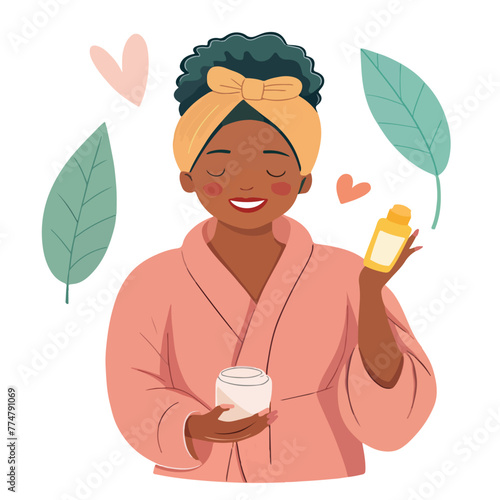 Woman in robe do cosmetic spa procedures. Morning routine. Bath time.Vector flat illustration. Isolated on white.