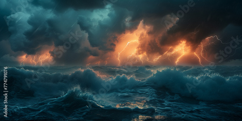 Digital illustration of capturing tumultuous ocean waves under a stormy sky, electrified by lightning strikes and resonating with the intense energy of thunderclouds. © NaphakStudio