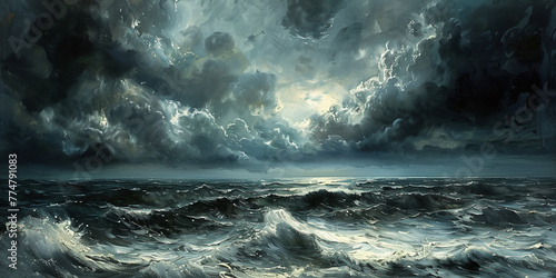 Witness the fury of the elements in digital art as tumultuous ocean waves collide under a stormy sky, where lightning strikes illuminate the scene with the intense energy of thunderclouds.