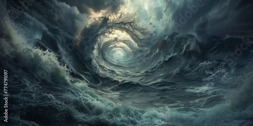 Digital art bring forth the intensity of nature's power with tumultuous ocean wave colliding under a stormy sky, where lightning strikes illuminate the scene amidst the intense energy of thundercloud. photo