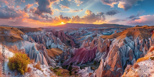 Summer sunset over a vibrant canyon landscape, providing a stunning nature backdrop for a memorable travel experience in this breathtaking valley.