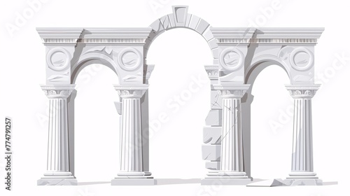 Medieval arches and pillars of white marble, reminiscent of ancient Greek, Roman, and Arabian architecture, adorn the entrance to a majestic castle.