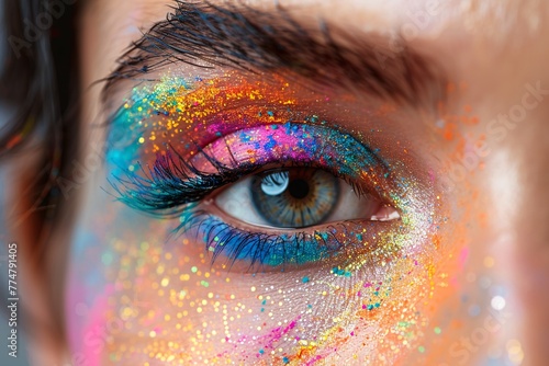 Detailed macro shot of a woman's eye adorned with vibrant and festive Holi-inspired makeup.