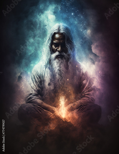 Portrait of sadhu guru yogi meditating. Abstract poster design. Ai Generative