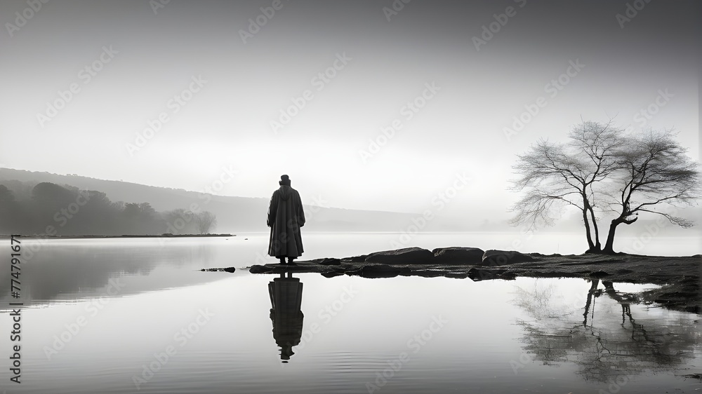 This is a monochromatic, minimalist landscape shot of a dervish person standing on one foot on a hazy day beside a lake. The image's calm and reflective tone is enhanced by the Dervish's reflection in