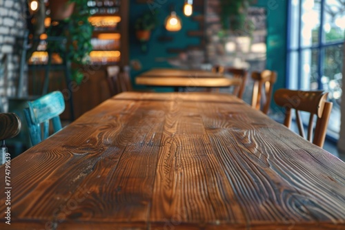 Spacious wooden table in an empty cafe anticipation of guests