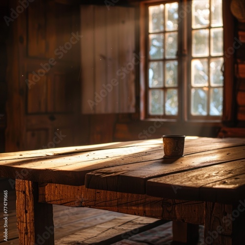 Rustic wooden table in a quiet cabin soft morning light