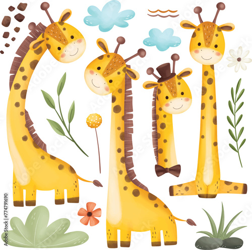 Watercolor Illustration Set of Giraffe and Leaves