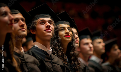 Graduation ceremony with diverse students. Panoramic view with selective focus. Celebrating educational achievement concept. Design for banner, brochure, commemorative book. photo