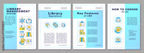 Library management features brochure template. User service. Leaflet design with linear icons. Editable 4 vector layouts for presentation, annual reports. Arial-Black, Myriad Pro-Regular fonts used