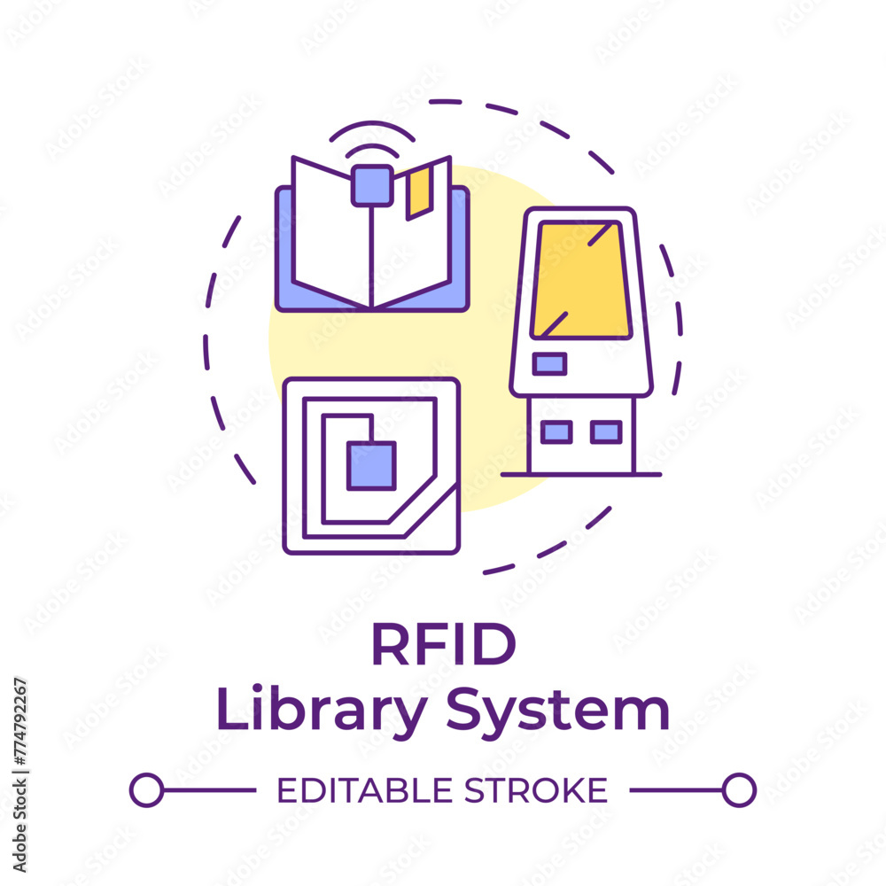 RFID library system multi color concept icon. User service, classification organization. Round shape line illustration. Abstract idea. Graphic design. Easy to use in infographic, blog post RFID library system multi color concept icon. User service, classification organization. Round shape line illustration. Abstract idea. Graphic design. Easy to use in infographic, blog post