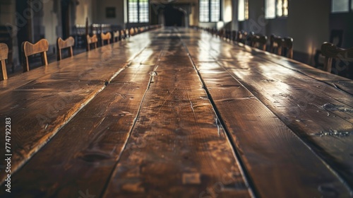 Long wooden table in an empty banquet hall