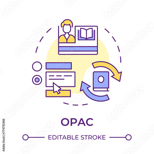 OPAC multi color concept icon. Online public catalog. Library management system. Round shape line illustration. Abstract idea. Graphic design. Easy to use in infographic, blog post