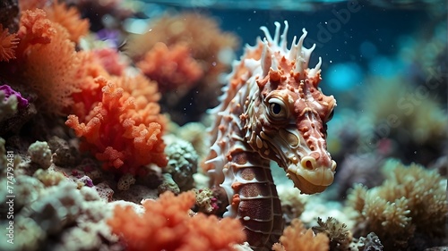 Close-up photo of a sea horse on coral surrounded by more coral