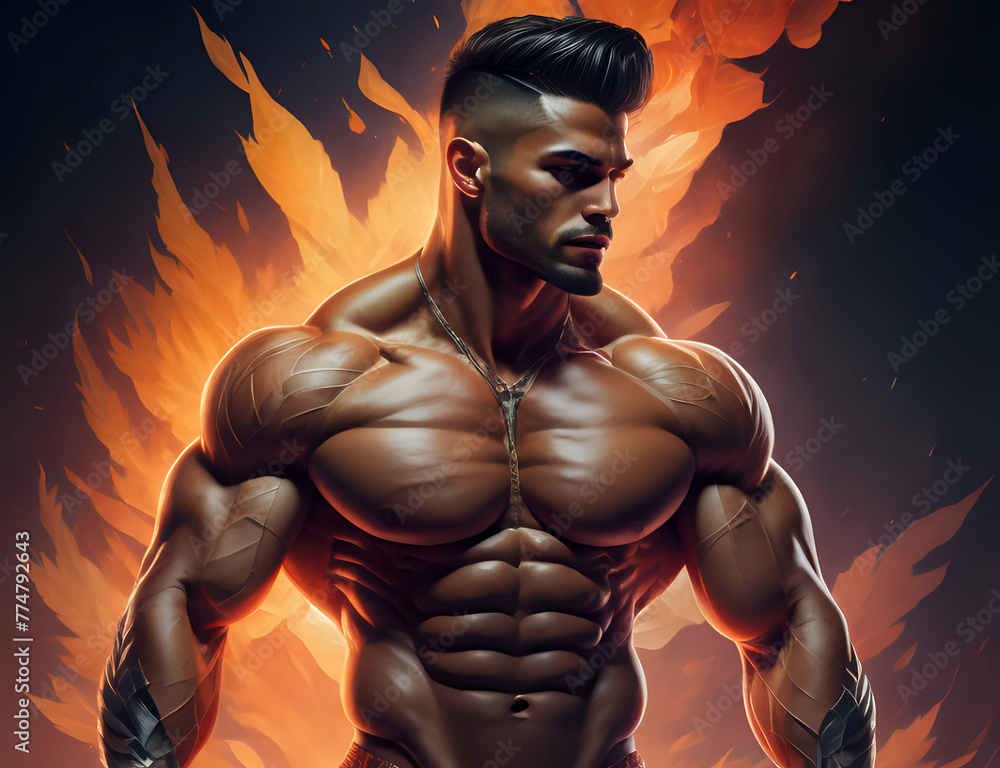 Bodybuilder mit Flammen im Hintergrund
