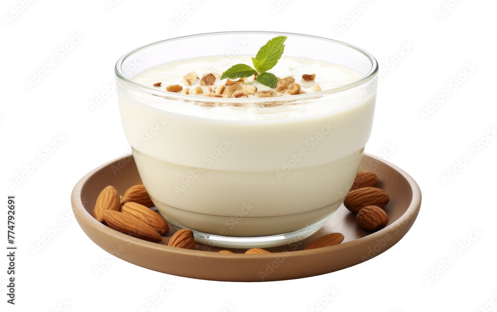 A bowl filled with creamy yogurt topped with an assortment of crunchy nuts on a white plate A bowl filled with creamy yogurt topped with an assortment of crunchy nuts on a white plate