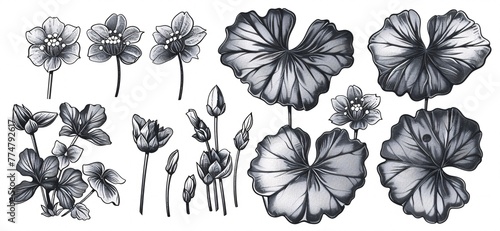 Hand-drawn monochrome illustration set of gotu kola Centella asiatica flower and leaf, with graphic elements for labeling, packaging, and menus in an engraved style.