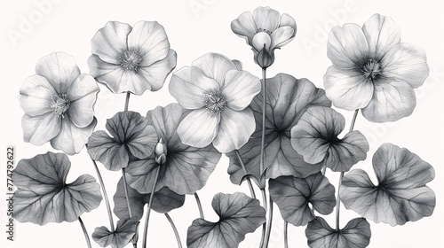 Monochrome hand-drawn illustration set of Centella asiatica flower leaf, with graphic elements and engraved style, for use in label sticker menus and packaging.