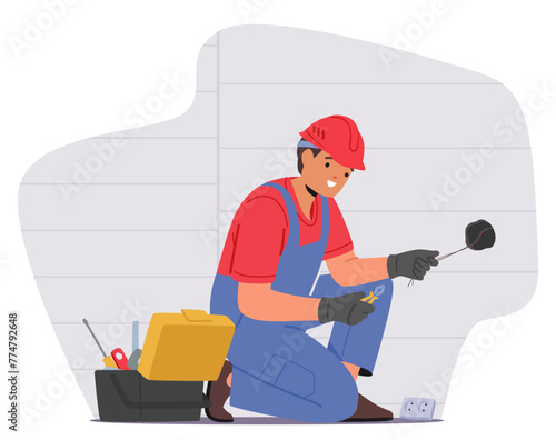 Electrician Character Installs A Socket At Home By Cutting Into The Wall, Connecting Wiring, Securing The Socket