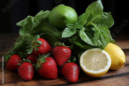 Fresh fruits in a basket. Strawberries, lemon, lime and mint