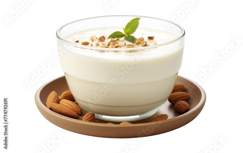 A bowl filled with creamy yogurt topped with an assortment of crunchy nuts on a white plate