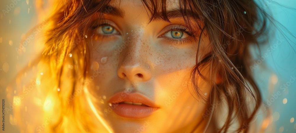 Close-up of young woman with freckles and green eyes Close-up of young woman with freckles and green eyes