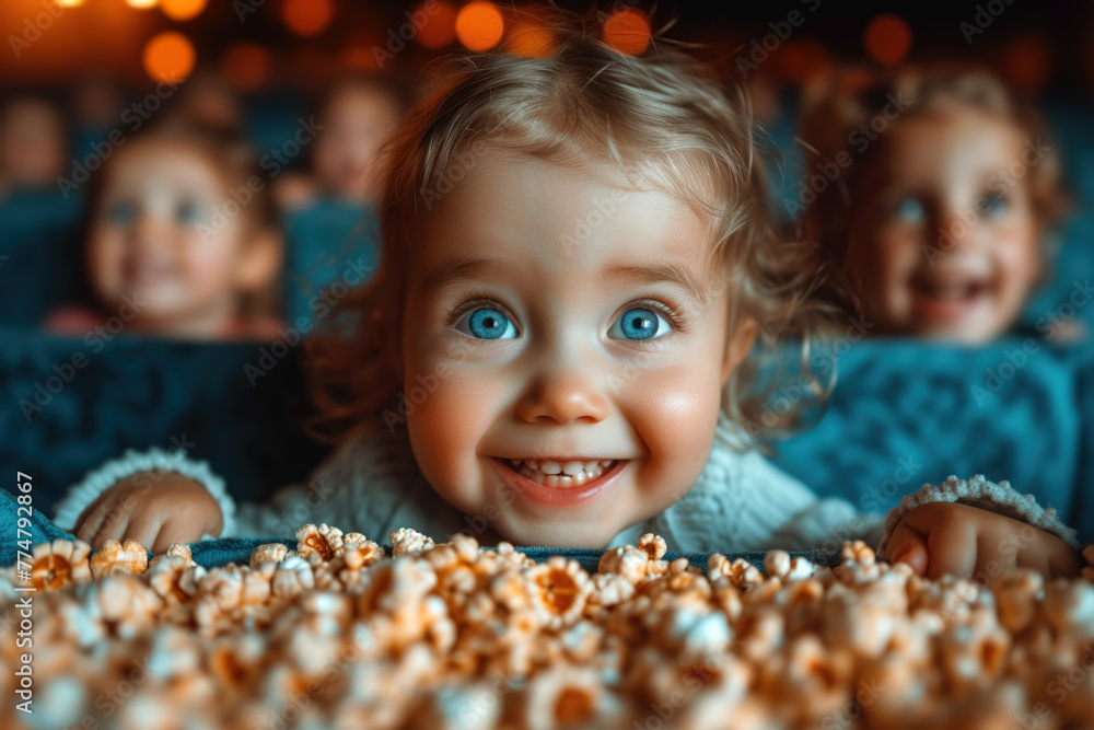 Happy little child watching movie in cinema Happy little child watching movie in cinema