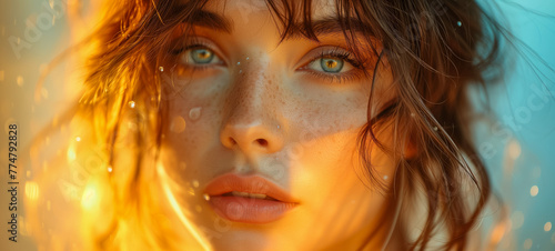 Close-up of young woman with freckles and green eyes