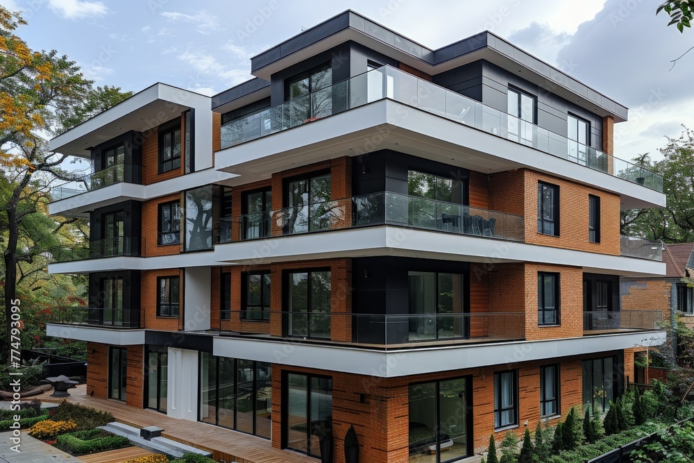 Modern apartment building exterior with glass balconies an large windows with decorative elements.